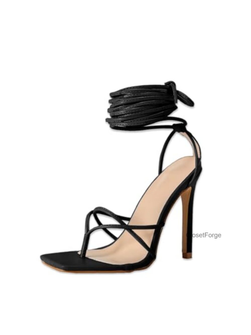 Faux Leather Strappy Heeled Sandals Square Toe Lace Up High Heels Party Shoes